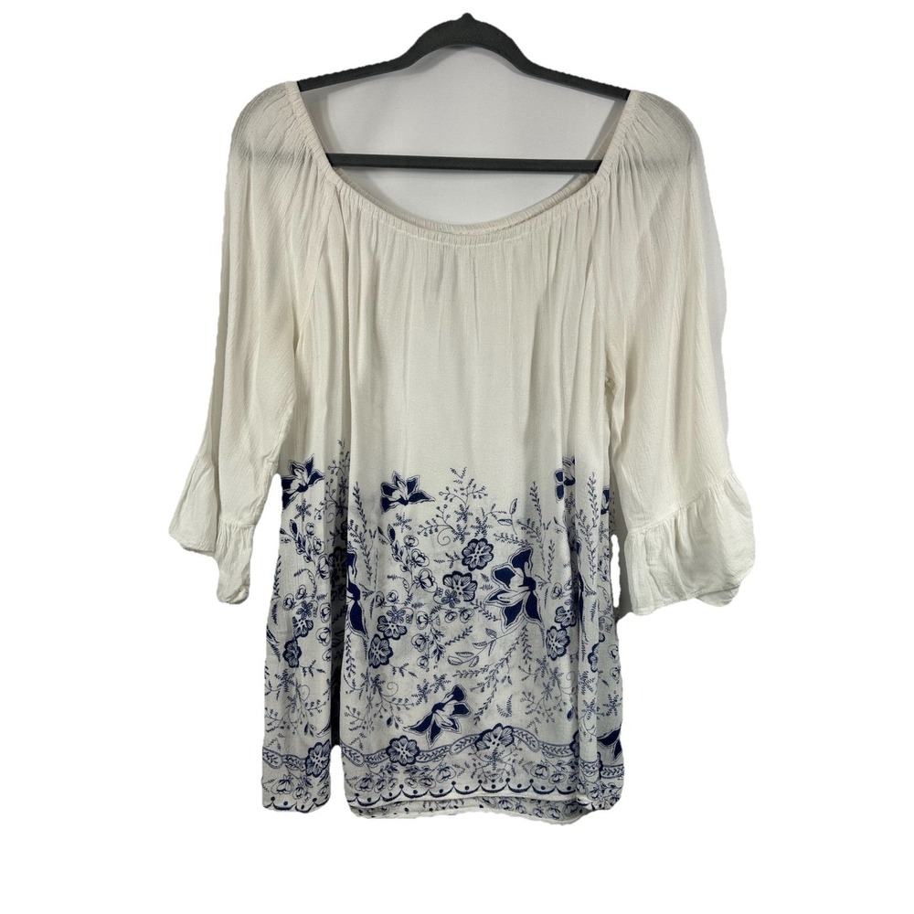 Blancheporte Blue‎ White Floral Boho Peasant Top L Bell Sleeve Cottagecore Light
